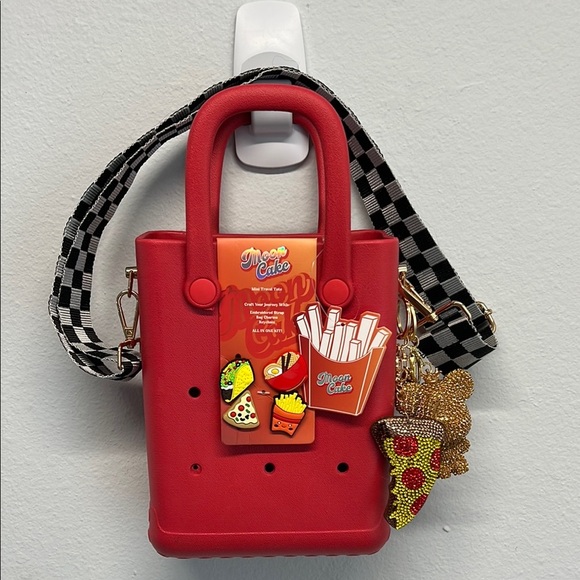 Red Mini Charm Tote with Checkered Crossbody Strap - Picture 1 of 14